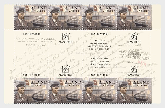 Aland Finland 2025 UNESCO Gustaf Erikson Shipping Company archives Block of 8 stamps and all labels MNH