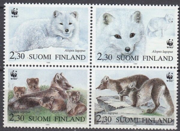 Finland 1993 WWF Artic fox Set of 4 stamps in block 2x2 MNH