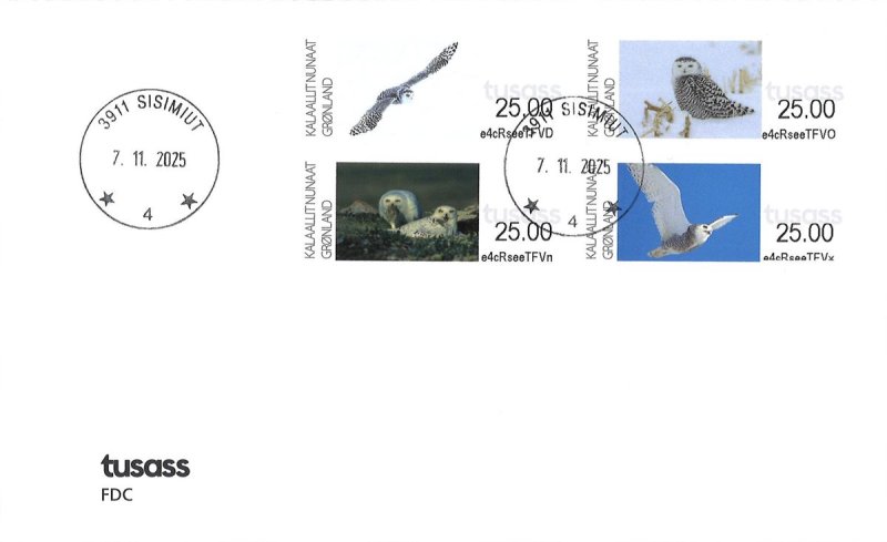 Greenland Denmark 2025 Birds Artcic owls Set of 4 stamps FDC - Image 1