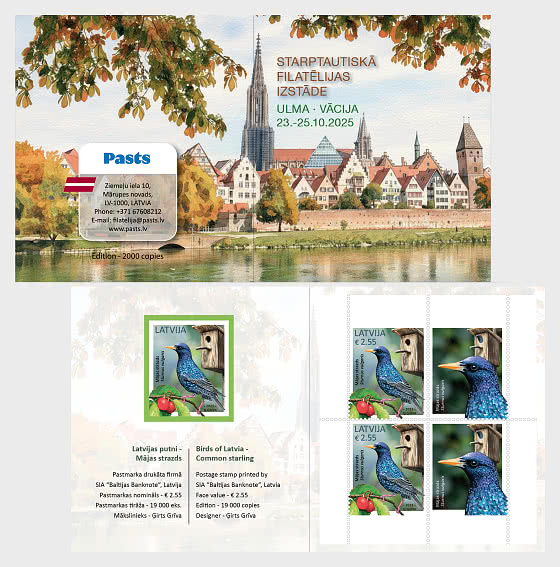 Latvia 2025 Bird common starling Limited edition block with labels in special exhibition Ulm Germany booklet MNH