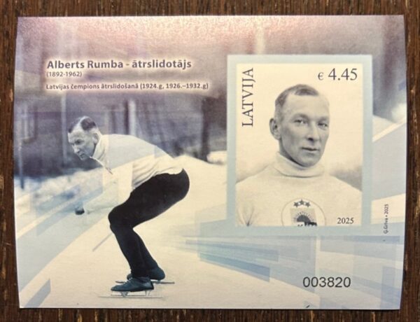 Latvia 2025 Alberts Rumba Sport legend Chamonix 1924 and St. Moritz 1928 Olympics Limited edition IMPERFORATED Block MNH