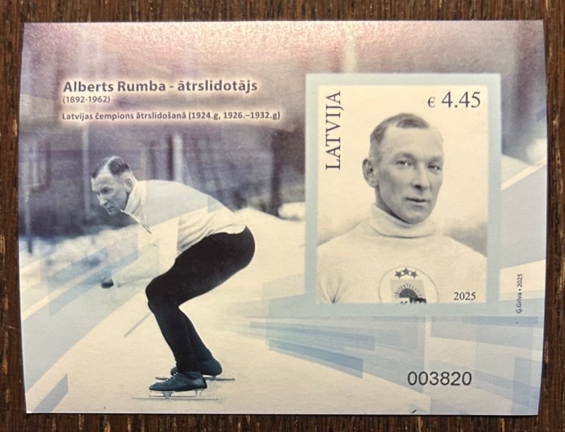 Latvia 2025 Alberts Rumba Sport legend Chamonix 1924 and St. Moritz 1928 Olympics Limited edition IMPERFORATED Block MNH - Image 1