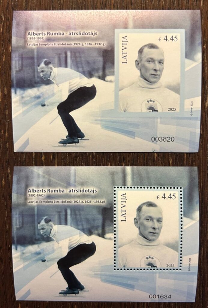 Latvia 2025 Alberts Rumba Sport legend Chamonix 1924 and St. Moritz 1928 Olympics Set of perf block and Limited edition IMPERFORATED Block MNH