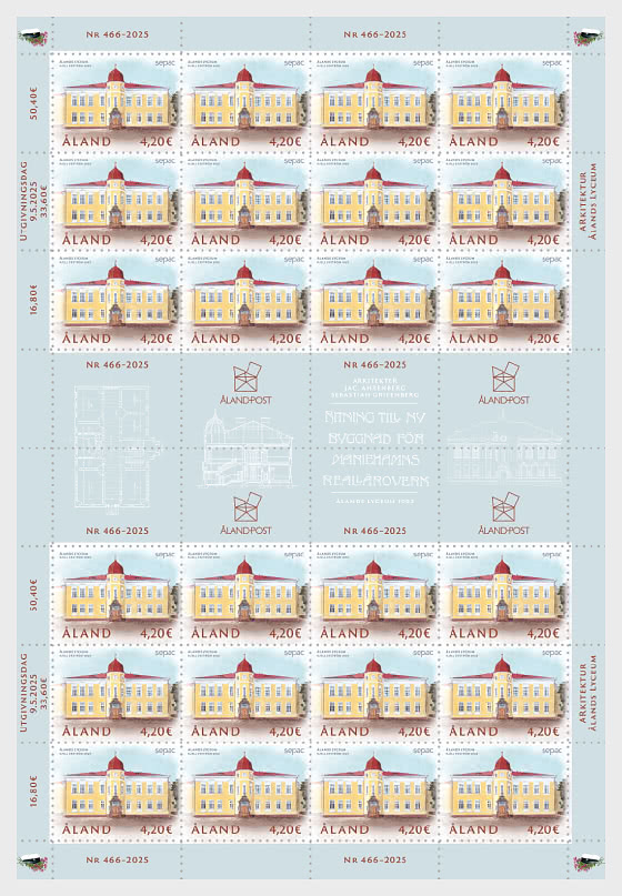Aland Finland 2025 SEPAC joint issue Architecture Åland Lyceum Sheetlet of 24 stamps and all labels MNH