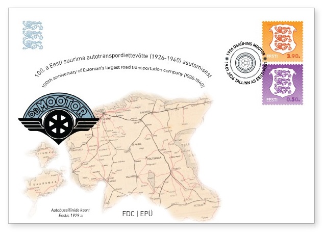 Estonia 2026 Definitives Coat of Arms 0.50; 3.90 Old state map Mootor Co 100 ann FDC - Image 1