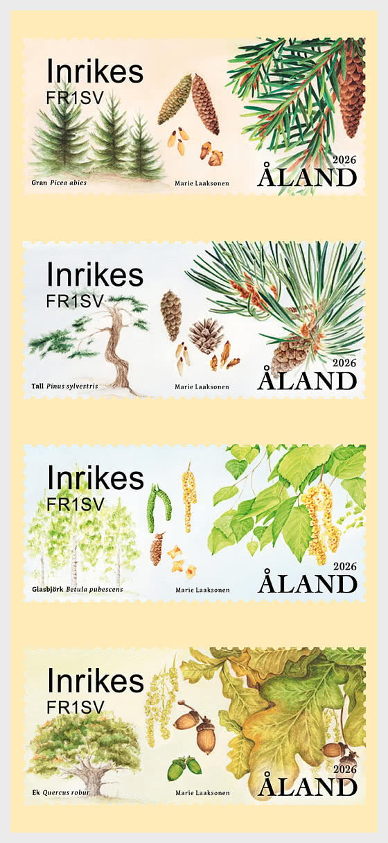 Aland Finland 2026 Trees and their cones and seeds Set of 4 stamps MNH