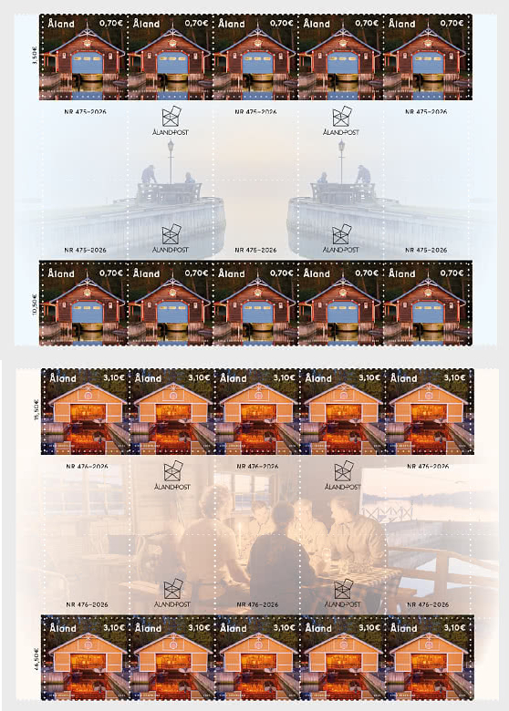 Aland Finland 2026 Boathouses Ships Jomala Set of 2 blocks of 10 stamps and all labels types each MNH