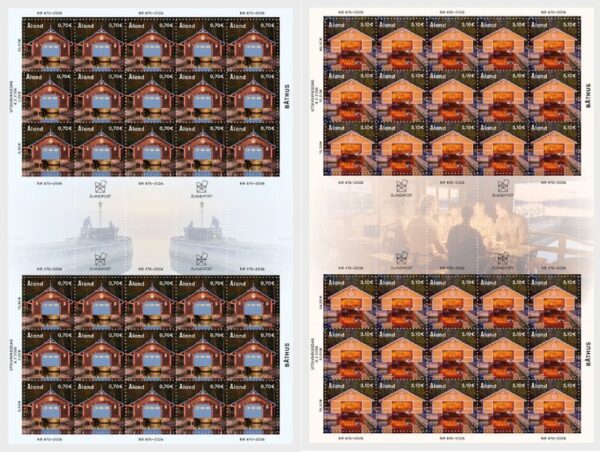 Aland Finland 2026 Boathouses Ships Jomala Set of 2 sheetlets with all labels types each MNH