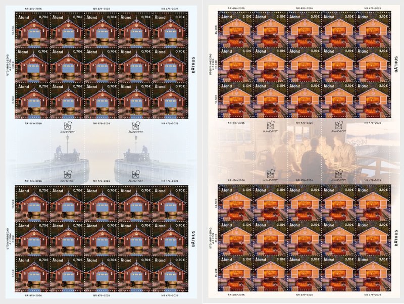 Aland Finland 2026 Boathouses Ships Jomala Set of 2 sheetlets with all labels types each MNH - Image 1