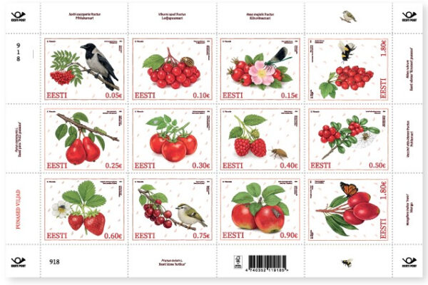 Estonia 2026 Red Fruits Birds Insects Flowers Bees Butterflies Set of 12 stamps in block / sheetlet MNH