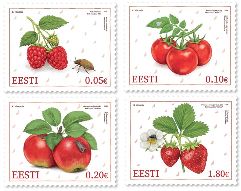 Estonia 2026 Red Fruits Insects Flowers Bugs Butterflies Set of 4 stamps MNH - Image 1
