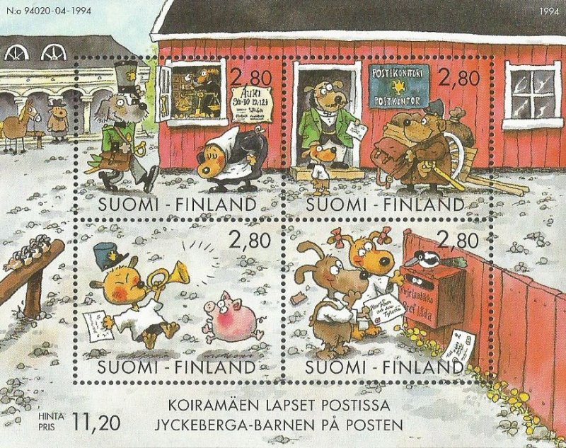 Finland 1994 Famous postal-themed comics Set of 4 stamps in block MNH - Image 1