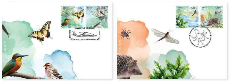 Estonia 2026 Flora and fauna Insects butterfly birds mammals Set of 4 stamps on 2 FDC's - Image 1