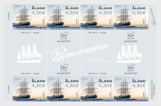 Aland Finland 2026 SEPAC joint issue Iconic Landmarks Pommern sailship Block of 8 stamps and all labels MNH