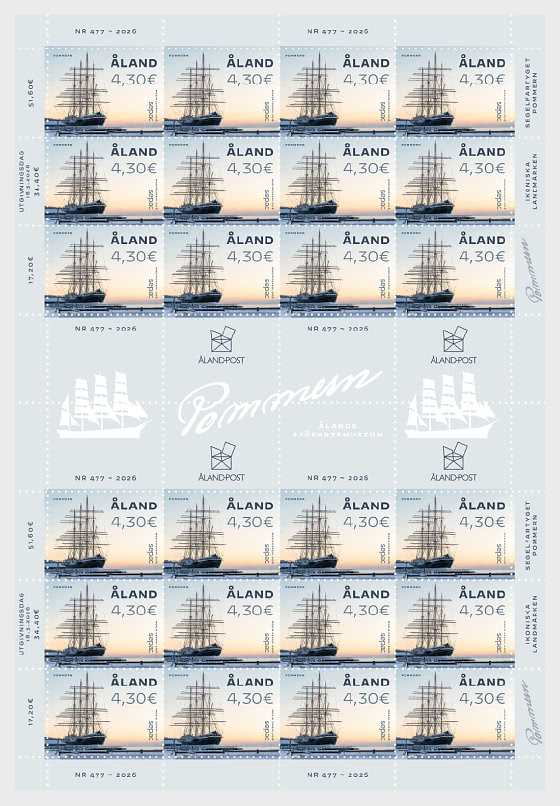 Aland Finland 2026 SEPAC joint issue Iconic Landmarks Pommern sailship Sheetlet of 24 stamps and all labels MNH