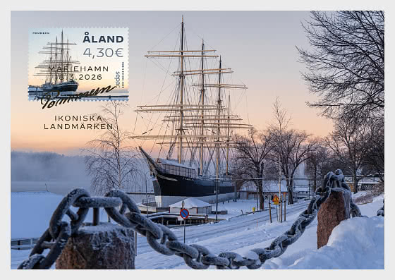 Aland Finland 2026 SEPAC joint issue Iconic Landmarks Pommern sailship Maxicard