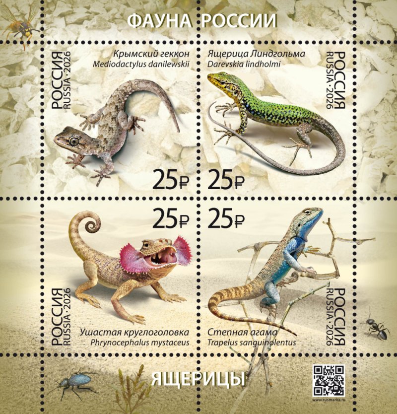 Russia 2026 Fauna Lizards Set of 4 stamps in block type I MNH - Image 1
