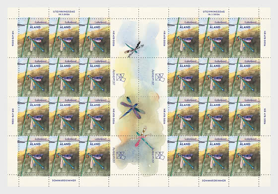Aland Finland 2026 Summer Shimmer Dragonfly Sheetlet of 24 stamps and all labels MNH