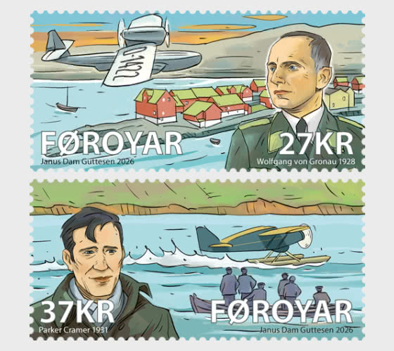 Faroe Islands Denmark 2026 Famous Pilots Airplanes Set of 2 stamps MNH