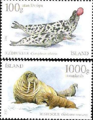 Iceland Island Istande 2012 Mammals Pinniped Issue III Hooded seal (Cystophora christata) and  walrus (Odobenus rosmarus) Set of 2 stamps MNH