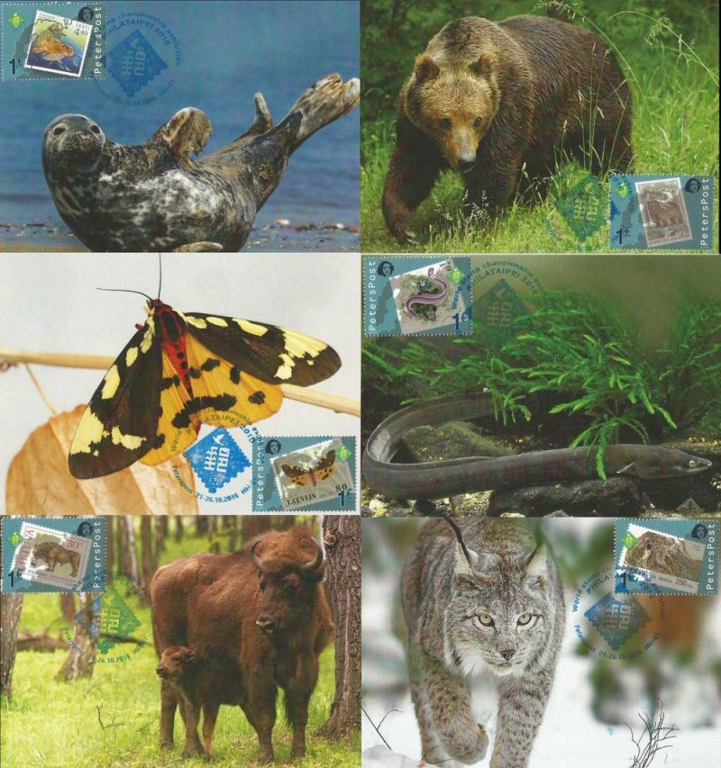 Finland 2016 World stamp champoinship exhibition PHILATAIPEI2016 Fauna of the Baltic sea region on stamps Peterspost Set of 6 maxicards - Image 1