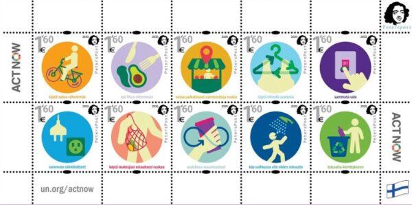 Finland 2020 ActNow joint-issue Peterspost set of 10 perforated stamps in block MNH