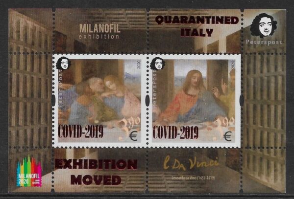 Finland 2020 Quarantined Italy COVID-2019 Leonardo da Vinci 500 years from the date of death 'The Lord's Supper' MILANOFIL-2020 exhibition muved Peterspost block with overprint MNH