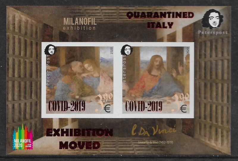 Finland 2020 Quarantined Italy COVID Leonardo da Vinci 500 years from the date of death 'The Lord's Supper' MILANOFIL exhibition muved Peterspost imperforated block with overprint MNH - Image 1