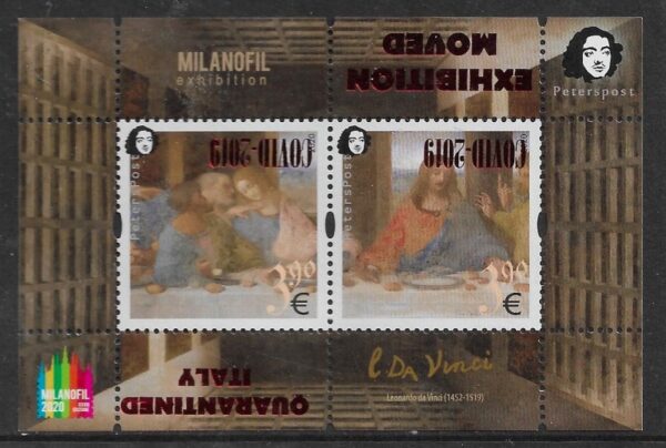 Finland. Peterspost. Quarantined Italy. COVID-2019. Leonardo da Vinci. 500 years from the date of death, 'The Lord's Supper', MILANOFIL-2020 exhibition muved, block with invert overprint