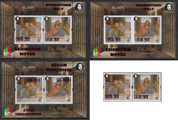 Finland 2020 Quarantined Italy COVID-2019 Leonardo da Vinci 500 years from the date of death 'The Lord's Supper' MILANOFIL-2020 exhibition muved Peterspost full set of 2 stamps and 3 block's with overprints
