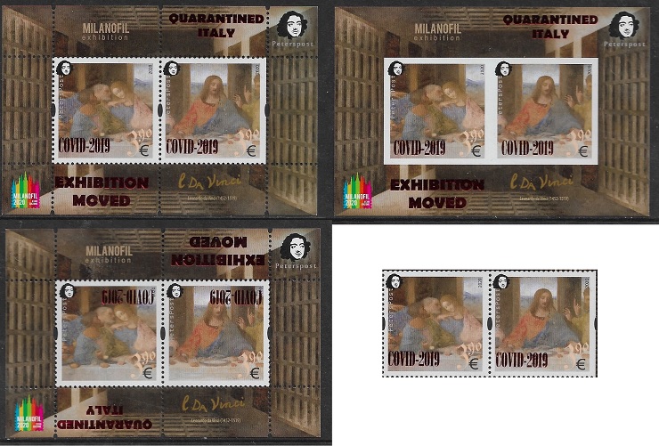 Finland 2020 Quarantined Italy COVID-2019 Leonardo da Vinci 500 years from the date of death 'The Lord's Supper' MILANOFIL-2020 exhibition muved Peterspost full set of 2 stamps and 3 block's with overprints - Image 1