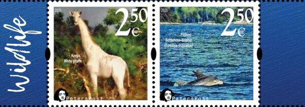 Finland 2020 Fauna Wild life 'Memorable facts' White giraffe and Bottlenose dolphin Peterspost strip of 2 stamps MNH