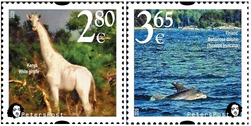 Finland. Peterspost. Fauna. Wild life. 'Memorable facts', White giraffe and Bottlenose dolphin, set of 2 stamps