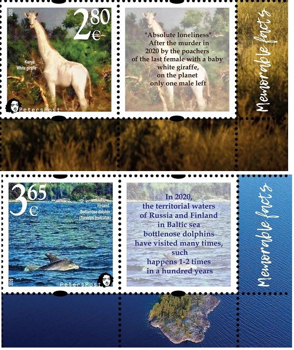 Finland 2020 Fauna Wild life 'Memorable facts' White giraffe and Bottlenose dolphin Peterspost set of 2 stamps with labels MNH