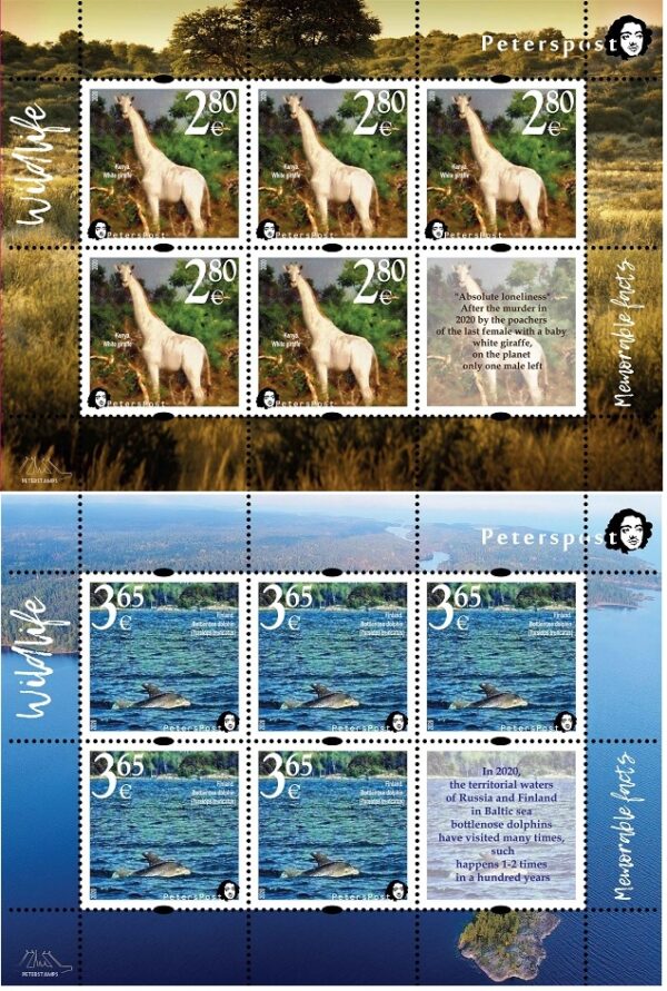 Finland 2020 Fauna Wild life 'Memorable facts' White giraffe and Bottlenose dolphin Peterspost set of 2 sheetlets of 5 stamps with label each MNH