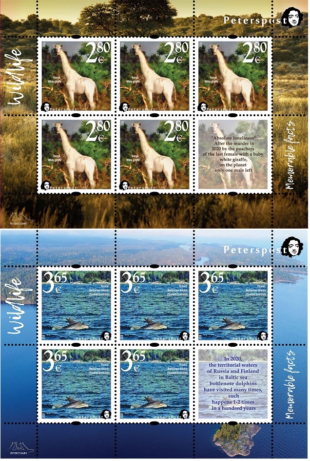 Finland 2020 Fauna Wild life 'Memorable facts' White giraffe and Bottlenose dolphin Peterspost set of 2 sheetlets of 5 stamps with label each MNH - Image 1