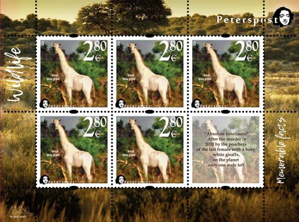 Finland. Peterspost. Fauna. Wild life. 'Memorable facts', White giraffe (Kenia), 'Absolute loneliness', sheetlet of 5 stamps and label