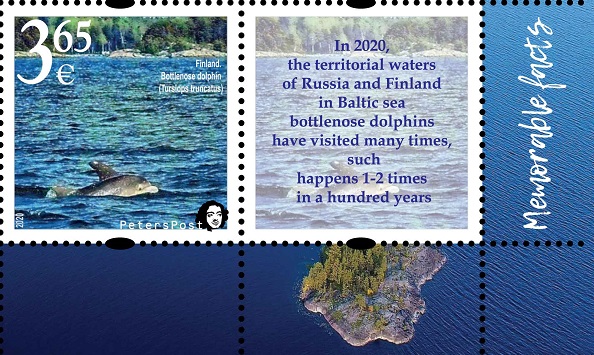 Finland. Peterspost. Fauna. Wild life. 'Memorable facts', Bottlenose dolphin (Finnish gulf, Baltic sea), stamp with label
