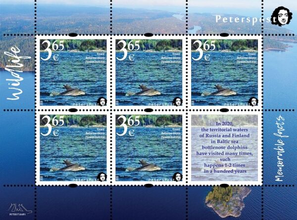 Finland 2020 Fauna Wild life 'Memorable facts' Bottlenose dolphin (Finnish gulf, Baltic sea) Peterspost sheetlet of 5 stamps and label MNH