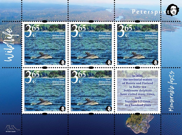 Finland 2020 Fauna Wild life 'Memorable facts' Bottlenose dolphin (Finnish gulf, Baltic sea) Peterspost sheetlet of 5 stamps and label MNH - Image 1