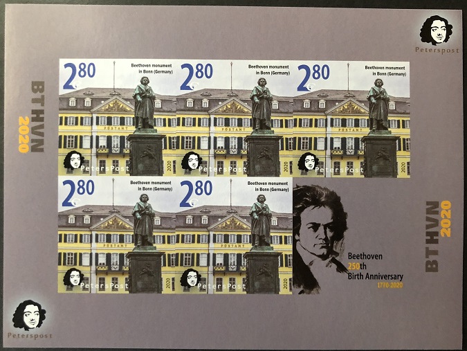 Finland 2020 BTHVN. 250 anniversary, monument in Bonn (Germany) Peterspost  sheetlet of 5 imperforated stamps and label (rare) - Image 1