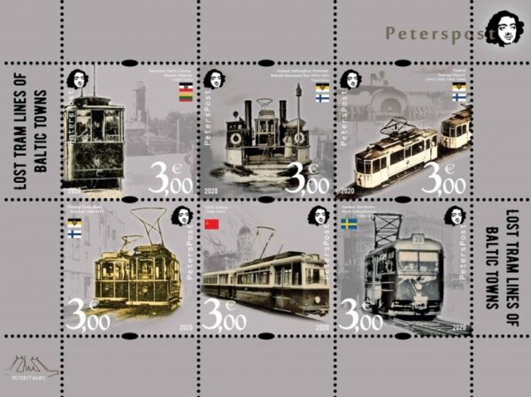 Finland 2020 Lost tram lines of Baltic towns Peterspost set of 6 stamps in block MNH