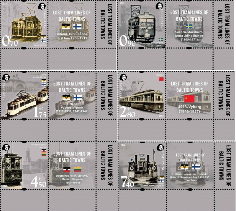 Finland 2020 Lost tram lines of Baltic towns Peterspost set of 6 stamps with labels MNH - Image 1