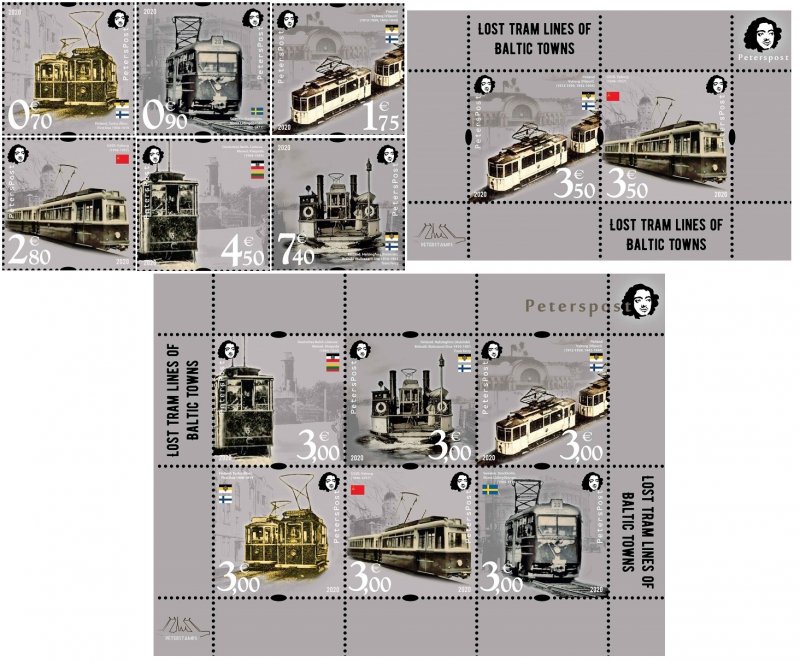 Finland Finnland Finlande 2020 Lost tram lines of Baltic towns Peterspost complete of stamp set and 2 block's MNH - Image 1