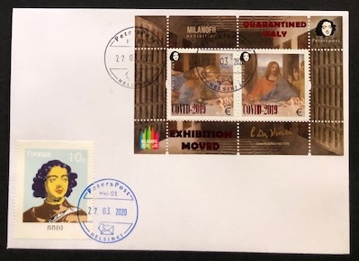 Finland 2020 Peterspost Quarantined Italy COVID-2019 Leonardo da Vinci 500 years from the date of death The Lord's Supper MILANOFIL-2020 exhibition muved block with overprint FDC