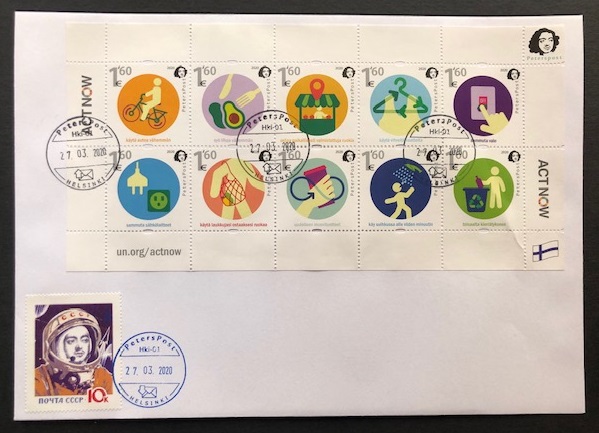 Finland 2020 ActNow joint-issue Peterspost set of 10 perf stamps in block FDC