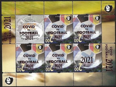 Finland 2021 Peterspost Qualifiers for the UEFA championship St.Petersburg Russia INVERT overprint COVID vs FOOTBALL sheetlet of 5 stamps and label