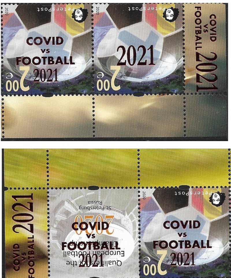 Finland 2021 Qualifiers for the UEFA championship St.Petersburg Russia INVERT overprint COVID vs FOOTBALL Peterspost 2 strips with all varities MNH - Image 1