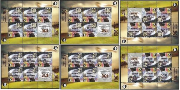 Russia and Finland 2021 Peterspost Qualifiers for the UEFA championship St.Petersburg Russia overprint COVID vs FOOTBALL set of 6 sheetlets of 5 stamps and label each (all varities)