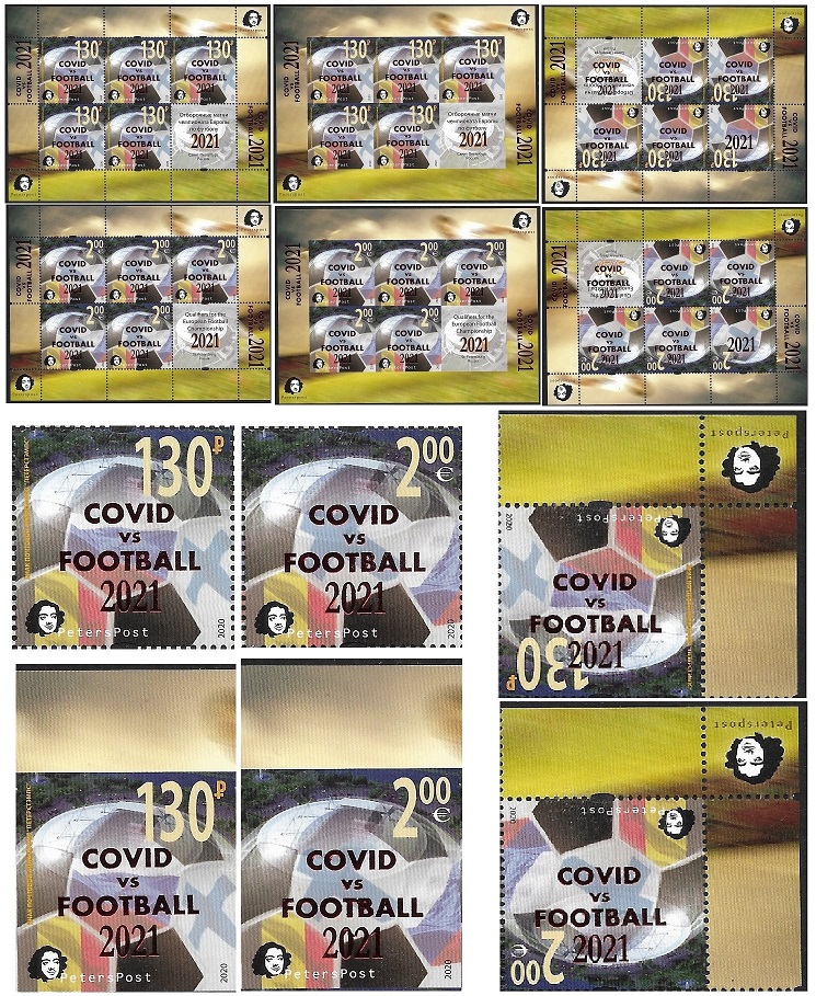 Russia and Finland 2021 Peterspost Qualifiers for the UEFA championship St.Petersburg Russia overprint COVID vs FOOTBALL full set of 6 stamps and 6 sheetlets of 5 stamps and label each (all varities) - Image 1
